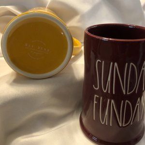 2 Rae Dunn Sunday Funday (marroon)  & Champs mugs (golden yellow)